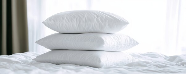 Three soft white pillows stacked elegantly on a cozy bed, inviting and comfortable atmosphere.
