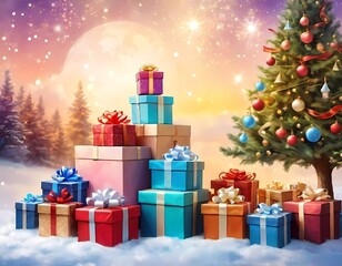 A decorated Christmas tree adorned with colorful ornaments and stacked presents ready for celebration in cozy holiday setting. Wrapped gifts of various colors. Festive atmosphere, warmth and joy. AI