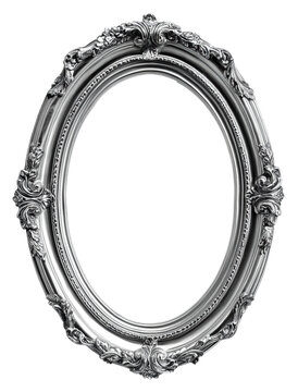 Decorative silver oval frame with ornate design isolated on transparent background
