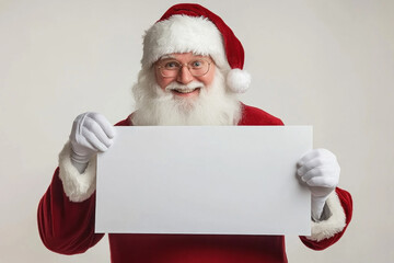 Naklejka premium Santa Claus holding a blank sign in snowy landscape, ready for holiday message or advertisement.