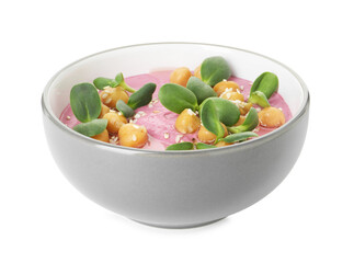 Tasty beetroot hummus and chickpeas in bowl isolated on white