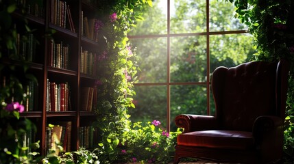 Cozy reading nook with a vintage chair, surrounded by lush greenery and books, sunlight streaming through window.