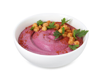 Tasty beetroot hummus and chickpeas in bowl isolated on white