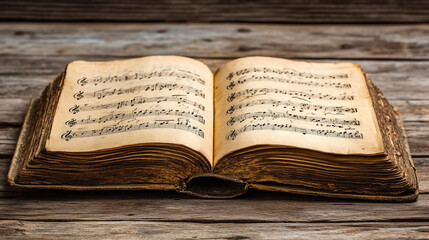 Fototapeta premium Antique Music Book Open on Rustic Wooden Table