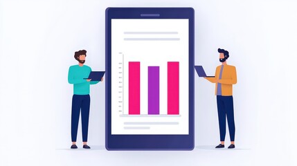 Fototapeta premium Innovative business analysis two professionals interact with data visualization on a digital device for strategic decision making