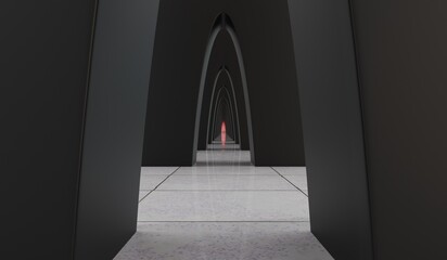 Archway, Empty corridor with many arches in perspective view, Abstract architecture, Interior design, Step forward, Illuminated corridor, 3D illustration
