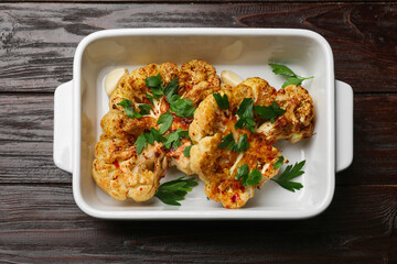 Tasty cauliflower steaks and parsley in baking dish on wooden table, top view