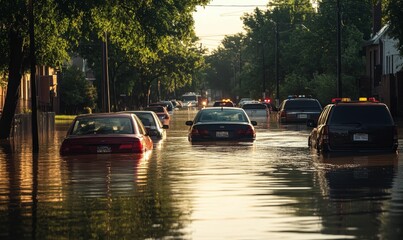 Cars submerged in floodwaters on a city street.