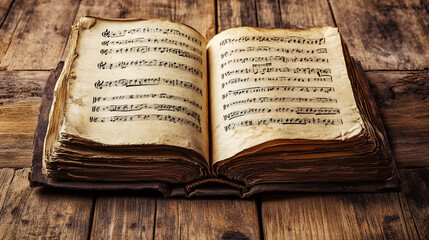 Obraz premium Antique Music Book Open on Wooden Table Vintage Sheet Music Composition Melody Classi