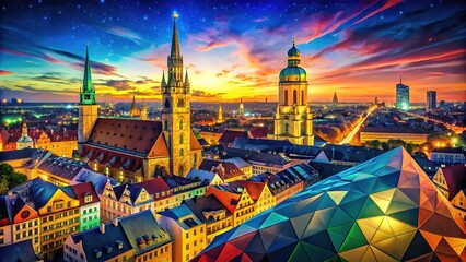 Obraz premium 'Vibrant Munich Skyline: Aerial Vector Art on Triangular Texture'