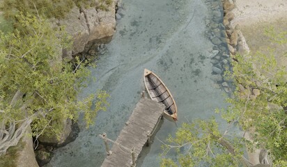 Small wooden boat, small dock, 3D illustration