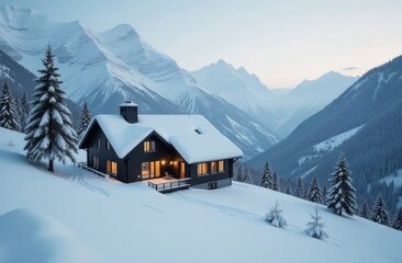 Fototapeta premium Wooden house in snowy mountains in winter, cottage in snow standing in ski resort during the day, high mountain peaks