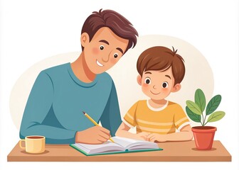 "Vintage Cartoon: Parent and Child Studying Together at Home"