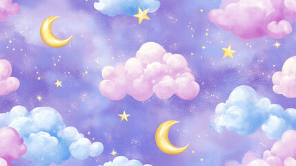 Watercolor Night Sky Seamless Pattern   Clouds  Stars  Moon   Purple Background