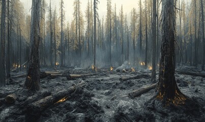 Obraz premium Charred forest floor with glowing embers.