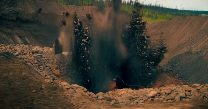 Explosion of rock with coal for mining. The camera shakes from the huge vibration of the earth. Stones fly up