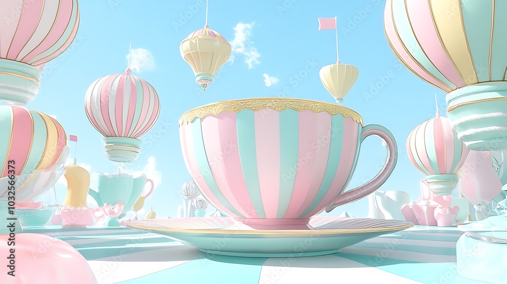 Wall mural Giant Teacup and Saucer with Hot Air Balloons in the Sky.