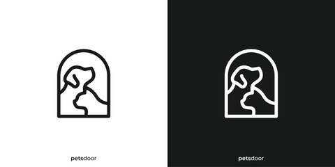 Fototapeta na wymiar Pets Door Logo. Dog Cat and Doorway with Linear Outline Style. Pets Care Logo, Icon Symbol, Vector, Design Inspiration.