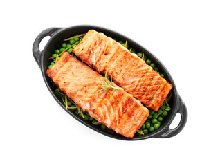 Delicious grilled salmon fillets with rosemary and green peas in baking dish isolated on white, top view