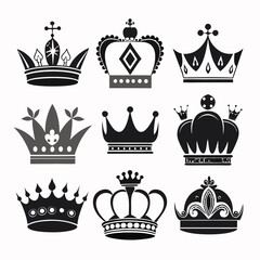 Various crown icons in different styles vector art illustration.