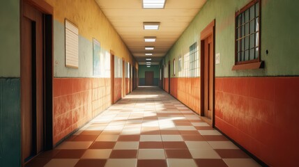 Brightly Lit Hallway in a Colorful Building