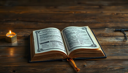 Obraz premium Ancient magic book on the wooden flat lay table background with copy space isolated with white highlights, png