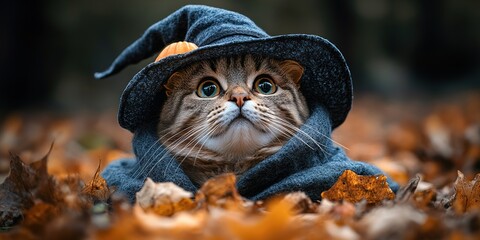 Obraz premium A cute cat in a Halloween costume in the studio on a dark background. The cat depicts a witch with pumpkins on Halloween