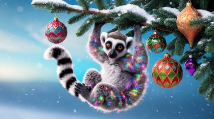 Obraz premium 3D Christmas lemur hanging from a tree, decorated with ornaments.
