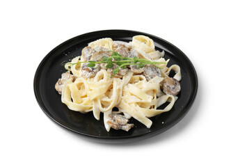 Delicious pasta with mushrooms isolated on white