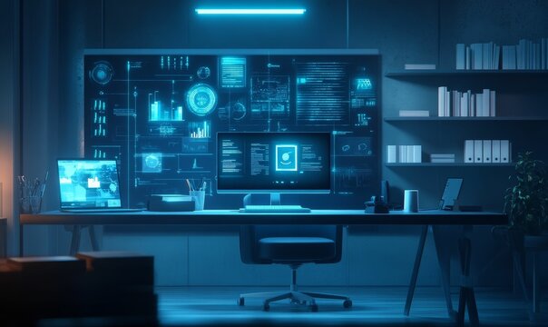 Modern office with blue computer screen and data.