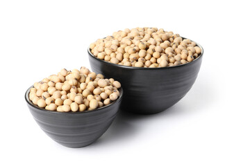 Soy beans in bowls isolated on white