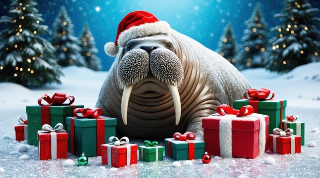 3D Christmas walrus with a Santa hat, surrounded by Christmas presents on icy ground.