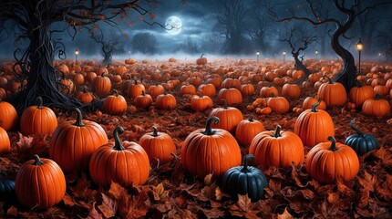 hauntingly beautiful Halloween background scene set in a sprawling mist-shrouded pumpkin patch at the bewitching hour of twilight