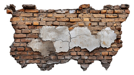 Peeling plaster on exposed brick wall isolated on transparent background