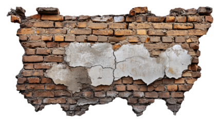 Peeling plaster on exposed brick wall isolated on transparent background