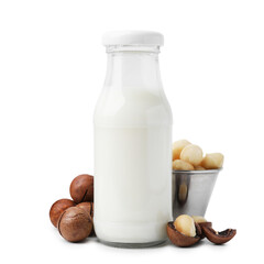 Bottle of macadamia milk and nuts isolated on white