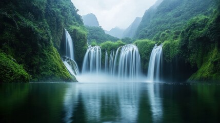 Fototapeta premium a fantastic waterfall in impressive green exotic nature with lake and mountains