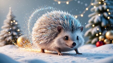 Obraz premium 3D hedgehog rolling through snow, leaving trails of glitter behind, in a Christmas setting.
