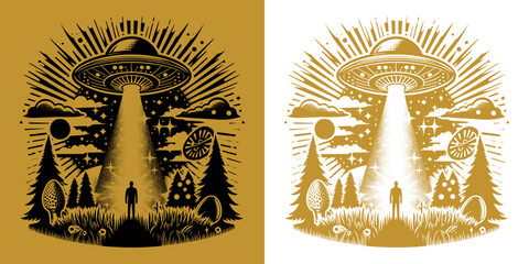 ufo over forest at night vintage design © iqbal