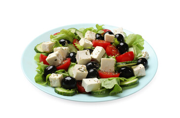 Delicious salad with feta cheese isolated on white