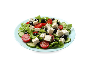 Delicious salad with feta cheese isolated on white