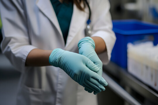 Doctor wearing blue gloves in hospital preparing for surgery medical professional healthcare hygiene safety latex protective gear examination nurse clinic patient care