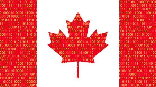 Binary code on flag of Canada. Program source code or Hacker concept on Canadian flag. Canada digital technology security, hacking or programming