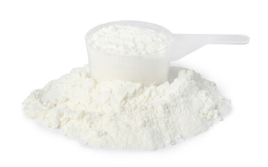 Protein powder and scoop isolated on white