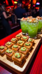 Close-up of a platter of gourmet appetizers with a refreshing green drink in the background.