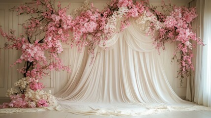 Elegant white drape backdrop with pink flowers for a wedding or special event.