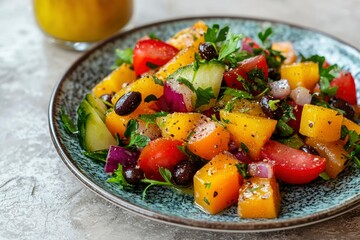Fresh Salad with Yellow Bell Peppers, Tomatoes, Cucumbers, Red Onions, Olives, and Parsley