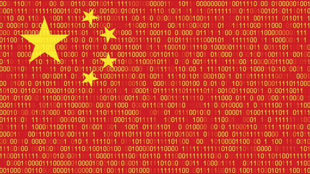 Binary code on flag of China. Program source code or Hacker concept on Chinese flag. China digital technology security, hacking or programming