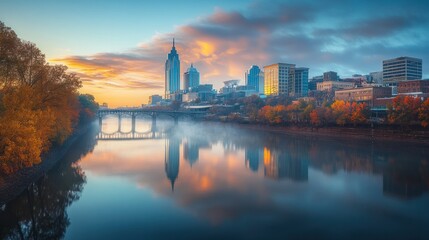 Obraz premium A serene view of the Cumberland River flowing through Nashville Tennessee during a crisp fall morning, serene, calm, stock image, flowing, fall, river, autumn, reflection, landscape