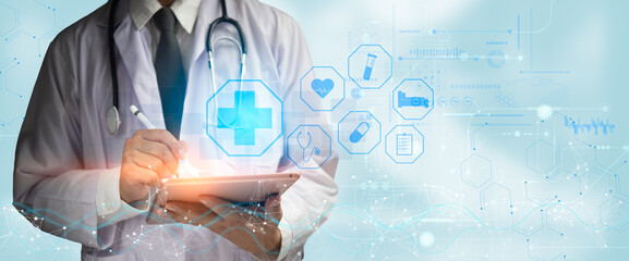 Description: Doctor interacting with a tablet, surrounded by medical data icons representing...
